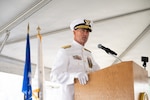 Vice Adm. Joseph R. Buzzella, commander, Coast Guard Pacific Area and Defense Force West, delivers remarks during the Coast Guard Northwest District change of command ceremony at Coast Guard Base Seattle, Washington, Aug. 14, 2026. Buzzella presided over the ceremony, where Rear Adm. Michael E. Campbell relieved Rear Adm. Arex B. Avanni as district commander. (U.S. Coast Guard photo by Seaman Jade M. Moen)