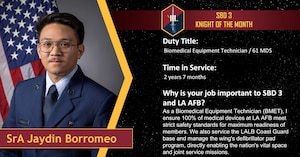 Senior Airman Jaydin Borromeo, a biomedical equipment technician (BMET) with the 61st Medical Squadron, receives the August 2026 Knight of the Month award at Los Angeles Air Force Base, California, Aug. 12, 2026. Borromeo’s oversight guarantees that 100% of the medical devices at LAAFB meet strict safety standards, ensuring both Guardians and joint-service members receive the care they need for maximum readiness. The LAAFB BMET shop maintains the base's defibrillator pad program and services both LAAFB and Coast Guard Base Los Angeles/Long Beach.