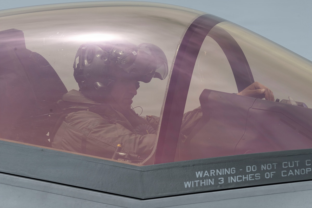 U.S. Air Force Col. Oliver Lause, 35th Fighter Wing commander, looks at the controls of an F-35A Lightning II assigned to the 13th Fighter Squadron at Misawa Air Base, Japan, July 29, 2026