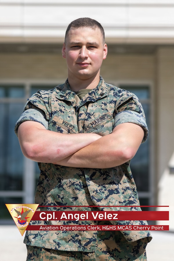 This layout and design was created to highlight U.S. Marine Corps Cpl. Angel Velez, an aviation operations clerk with Headquarters and Headquarters Squadron, Marine Corps Air Station Cherry Point. Velez, a Havelock native, returned to his hometown to serve at the air station where he grew up watching military aircraft take off and land. As an aviation operations clerk, he is responsible for processing flight plans, tracking airfield operations, and maintaining critical flight records, helping to ensure mission readiness aboard MCAS Cherry Point. (U.S. Marine Corps layout and design by Cpl. Andre Marshall)