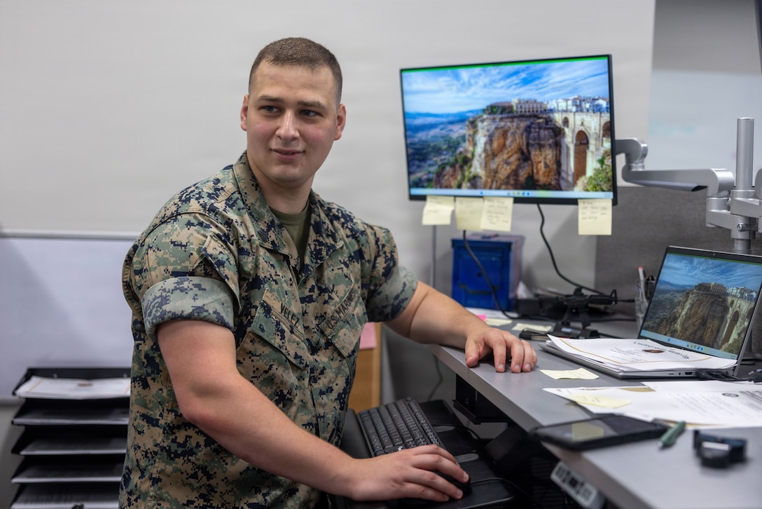 Velez, a Havelock native, returned to his hometown to serve at the air station where he grew up watching military aircraft take off and land. As an aviation operations clerk, he is responsible for processing flight plans, tracking airfield operations, and maintaining critical flight records, helping to ensure mission readiness aboard MCAS Cherry Point. (U.S. Marine Corps photo by Lance Cpl. Dillon Anderson)