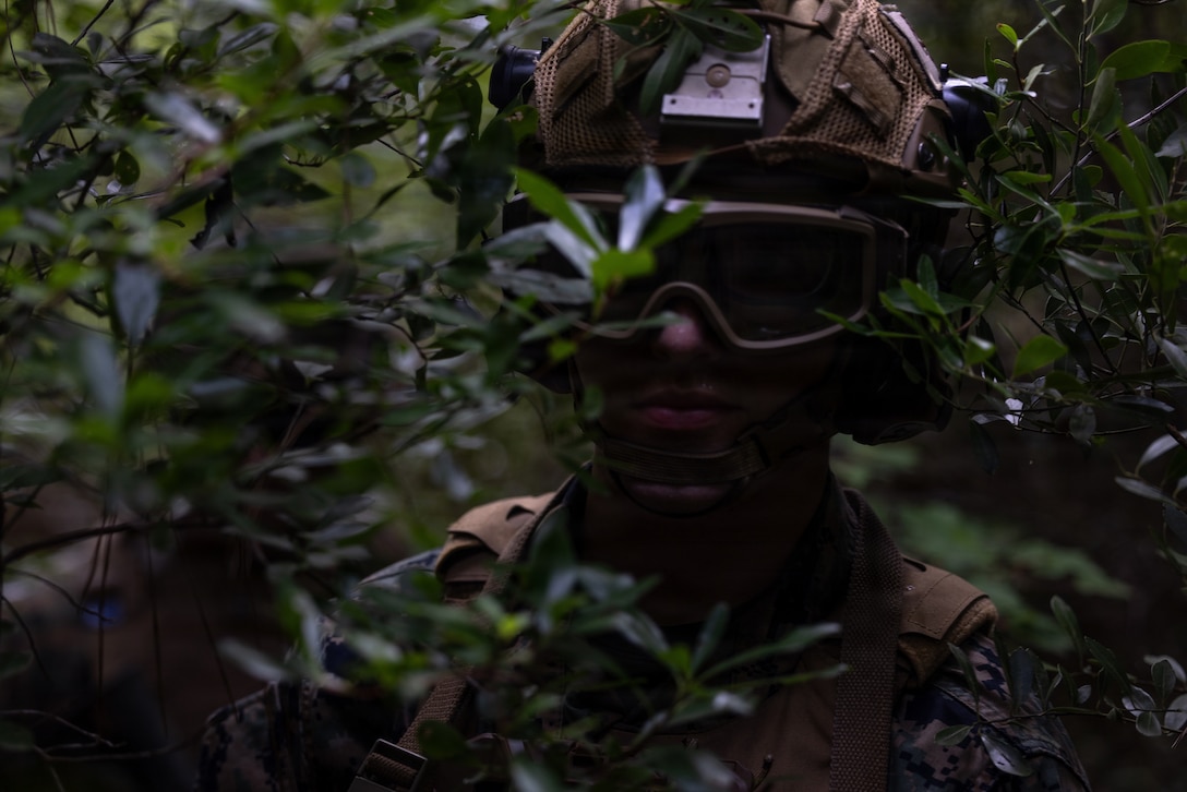 U.S. Marine Corps Cpl. Giovanni Messina, a fire support Marine with 4th Air Naval Gunfire Liaison Company, Force Headquarters Group, Marine Forces Reserve, patrols during a force-on-force urban operations simulation as part of exercise Burmese Chase 26, at Marine Corps Base Camp Lejeune, North Carolina, Aug. 2, 2026. Burmese Chase is an annual U.S. led, multi-lateral training exercise comprised of integrating ground and air fires, infantry tactics and naval gunfire alongside NATO allies to enhance combat readiness and interoperability. (U.S. Marine Corps photo by Lance Cpl. Sabine Wilson)