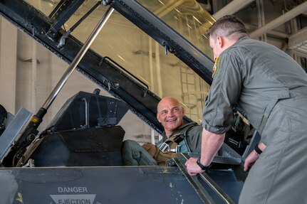 Danish Gen. Michael Hyldgaard, the Chief of Defense for the Kingdom of Denmark, prepares to fly in a F-16 Fighting Falcon during a visit at Eielson Air Force Base, Alaska, Aug. 13, 2026. Hyldgaard visited the Alaskan NORAD region to observe joint operations and reinforce the strategic partnership between the United States and the Kingdom of Denmark in securing the Arctic region. (U.S. Air Force photo by Senior Airman Nicholas Paczkowski)