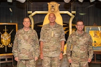 From left: Gen. Gregory Guillot, commander of the North American Aerospace Defense Command (NORAD) and U.S. Northern Command (USNORTHCOM); Gen. Michael Hyldgaard, the Chief of Defence for the Kingdom of Denmark; and Lt. Gen. Robert Davis, commander of Alaskan NORAD Region, Alaskan Command and Eleventh Air Force, meet with senior defense leaders at Alaskan Command (ALCOM) Headquarters, Joint Base Elmendorf-Richardson, Alaska, August 14, 2026. The leaders held bilateral discussions to coordinate Arctic security requirements, joint force readiness, and initiatives to enhance domain awareness across the Arctic and North Atlantic regions. (U.S. Air Force photo by Sheila deVera)