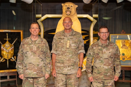From left: Gen. Gregory Guillot, commander of the North American Aerospace Defense Command (NORAD) and U.S. Northern Command (USNORTHCOM); Gen. Michael Hyldgaard, the Chief of Defence for the Kingdom of Denmark; and Lt. Gen. Robert Davis, commander of Alaskan NORAD Region, Alaskan Command and Eleventh Air Force, meet with senior defense leaders at Alaskan Command (ALCOM) Headquarters, Joint Base Elmendorf-Richardson, Alaska, August 14, 2026. The leaders held bilateral discussions to coordinate Arctic security requirements, joint force readiness, and initiatives to enhance domain awareness across the Arctic and North Atlantic regions. (U.S. Air Force photo by Sheila deVera)