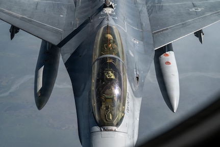 Gen. Gregory Guillot, commander of the North American Aerospace Defense Command (NORAD) and U.S. Northern Command (USNORTHCOM), and Maj. Harrison Gebs, 18th Fighter Interceptor Squadron commander, frontseat, conducts sorties in an F-16 Fighting Falcon over the Joint Pacific Alaska Range Complex near Eielson Air Force Base, Alaska, Aug. 13, 2026. This flight allowed Guillot to observe the unique cold weather capabilities, joint training environments and defense infrastructure in the Alaskan NORAD region, while strengthening bilateral defense cooperation in the Arctic. (U.S. Air Force photo by Senior Airman Tori Haudenschild)
