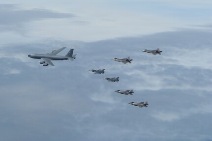 U.S. Air Force F-35A Lightning IIs, F-16 Fighting Falcons, F-22A Raptors and a KC-135 Stratotanker conduct sorties over the Joint Pacific Alaska Range Complex near Eielson Air Force Base, Alaska, Aug. 13, 2026.  This flight gave Gen. Gregory Guillot, , commander of the North American Aerospace Defense Command (NORAD) and U.S. Northern Command (USNORTHCOM), and Danish Gen. Michael Hylegaard, Chief of Defense, a firsthand look at Alaska's unique training environment, preparing U.S. and allied forces to operate in extreme cold-weather conditions while advancing security and cooperation in the Arctic. (Courtesy Photo)