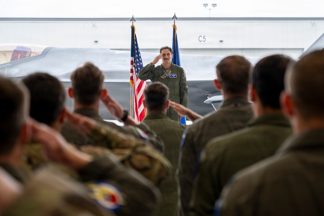 U.S. Air Force Lt. Col. Christopher Severino, 355th Fighter Squadron commander, renders his first salute during a change of command ceremony at Eielson Air Force Base, Alaska, Aug. 14, 2026.