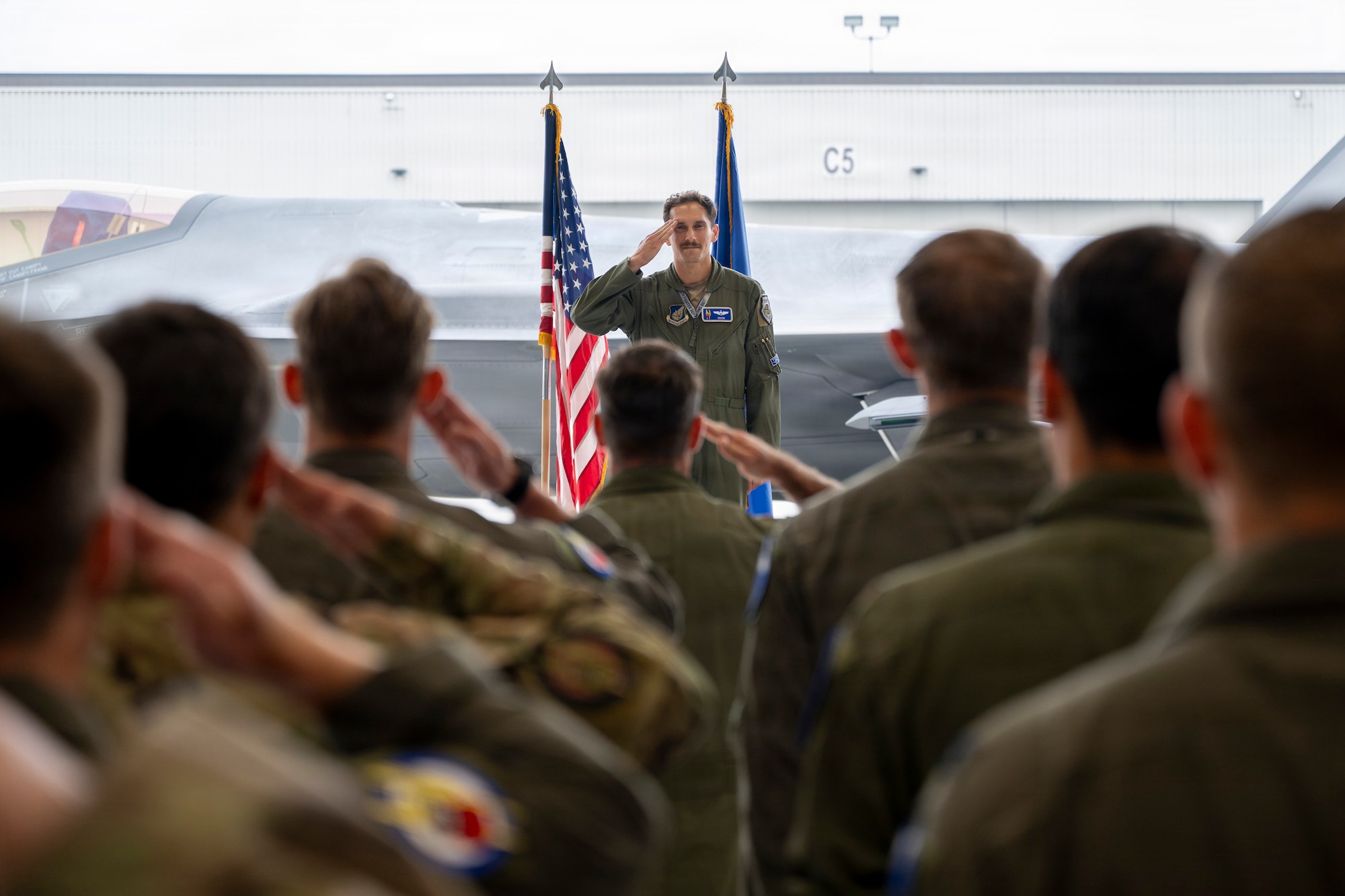 U.S. Air Force Lt. Col. Christopher Severino, 355th Fighter Squadron commander, renders his first salute during a change of command ceremony at Eielson Air Force Base, Alaska, Aug. 14, 2026.