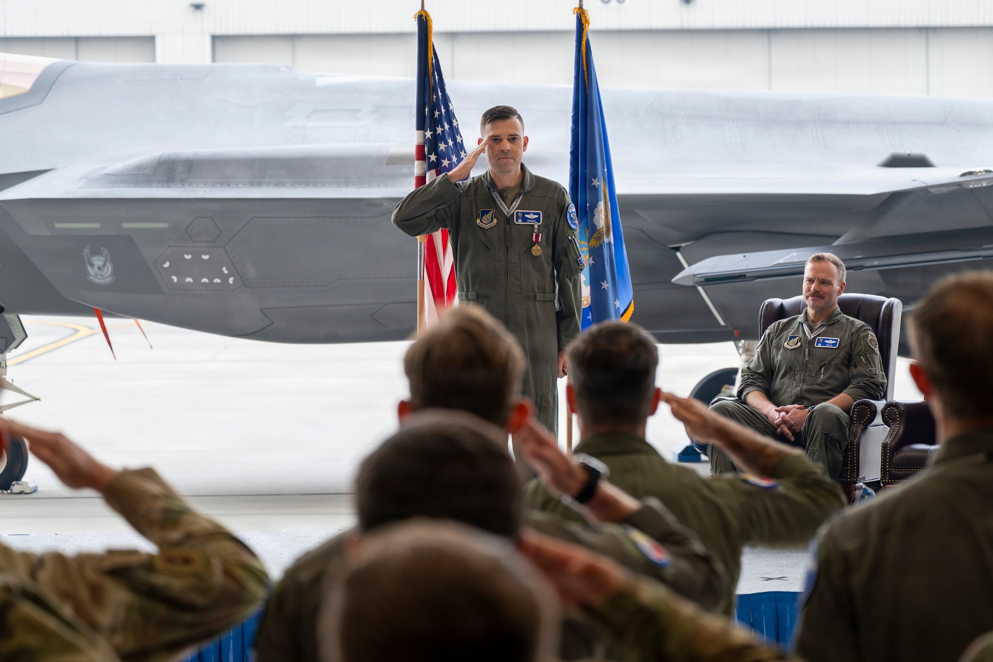 U.S. Air Force Lt. Col. Erik Gonsalves, 355th Fighter Squadron commander, renders his final salute to members of the 355th FS during a change of command ceremony at Eielson Air Force Base, Alaska, Aug. 14, 2026.