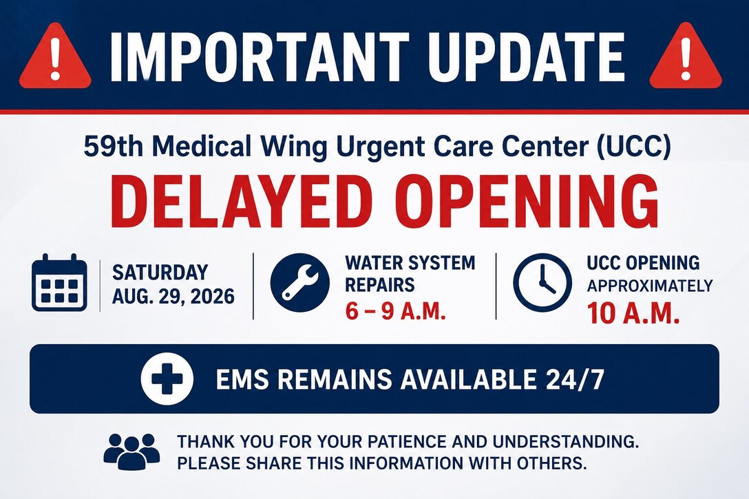 Water system repairs are scheduled for Saturday, 29 Aug from 0600-0900, which will delay the UCC opening to patients until approximately 1000.