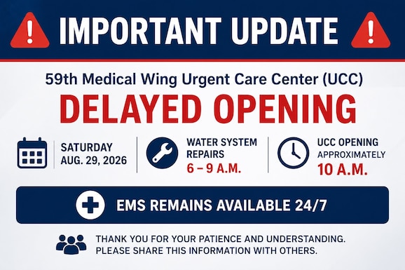 Water system repairs are scheduled for Saturday, 29 Aug from 0600-0900, which will delay the UCC opening to patients until approximately 1000.
