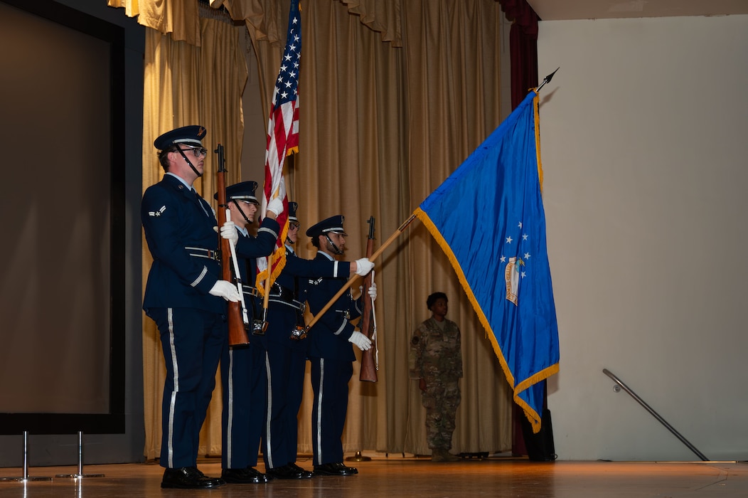 The Goodfellow Air Force Base Honor Guard present the colors during a Community College of the Air Force graduation at Goodfellow Air Force Base, Texas, July 31, 2026.