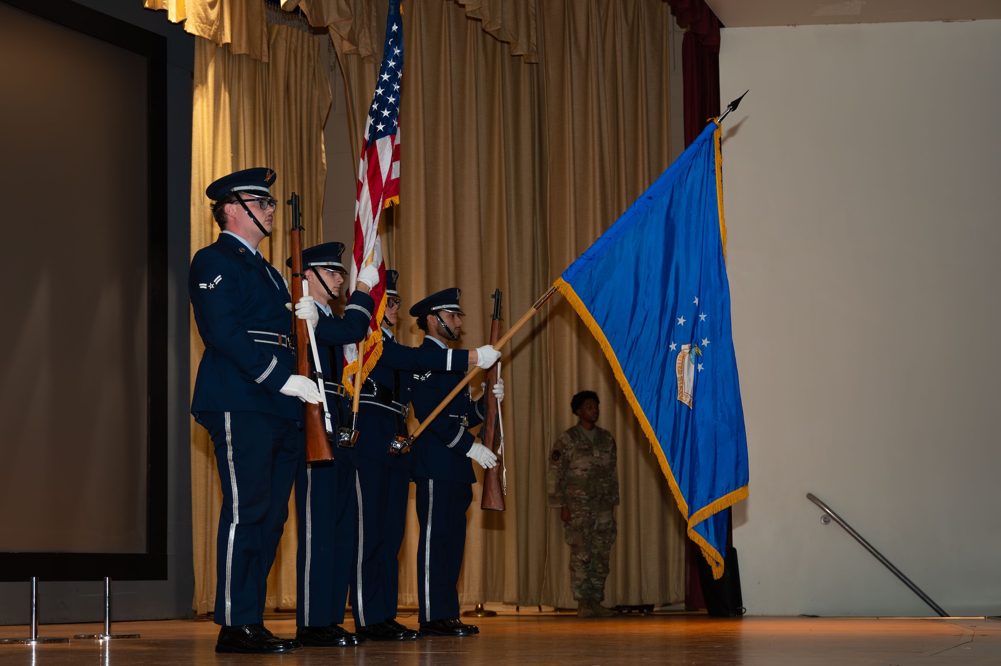 The Goodfellow Air Force Base Honor Guard present the colors during a Community College of the Air Force graduation at Goodfellow Air Force Base, Texas, July 31, 2026.