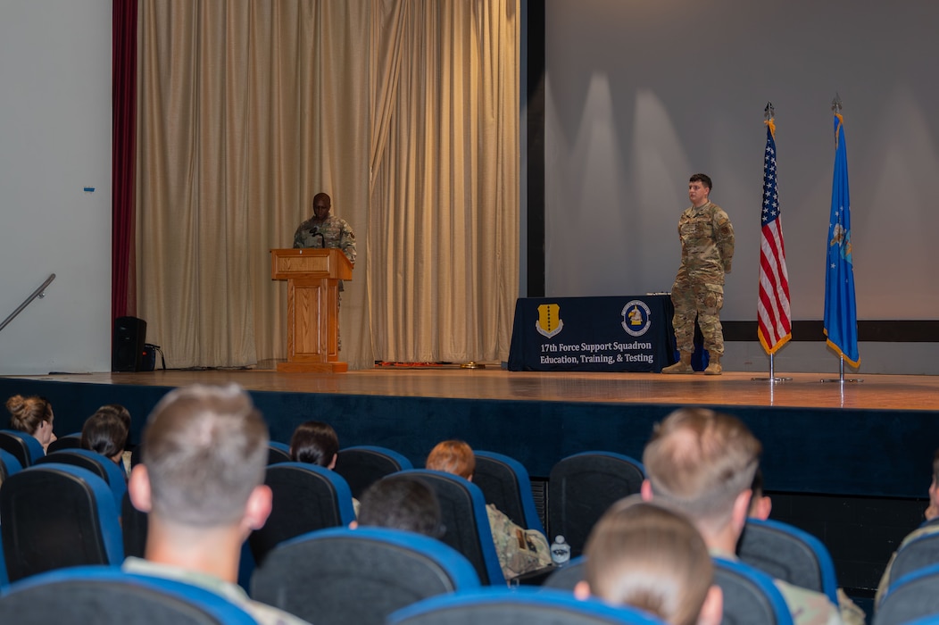 U.S. Air Force Col. Robert Watkins, 17th Training Wing deputy commander, speaks during a Community College of the Air Force graduation ceremony at Goodfellow Air Force Base, Texas, July 31, 2026.