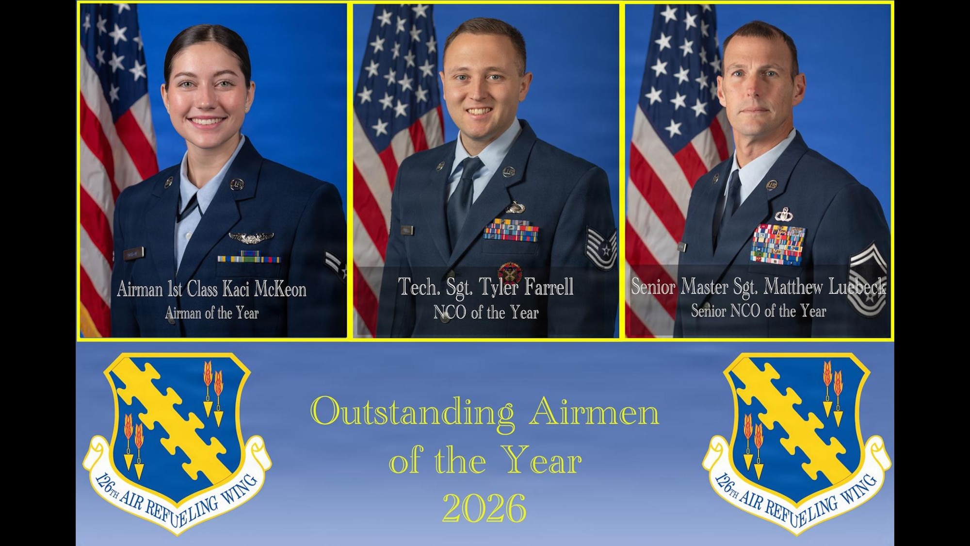 Three airmen in front of a blue background.