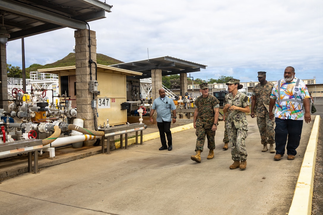 U.S. Marine Corps Brig. Gen. Ralph Rizzo, center, commanding general of Marine Corps Installations Pacific, conducts a walkthrough of a bulk fuel station during a tour at Marine Corps Base Hawaii, Aug. 11, 2026. During his tour of MCBH, Rizzo met with base leaders and civilian personnel to discuss improvements to base services and capabilities, ongoing base projects, and strengthen command relationships. (U.S. Marine Corps photos by Lance Cpl. Carlos Daniel Chavez-Flores)