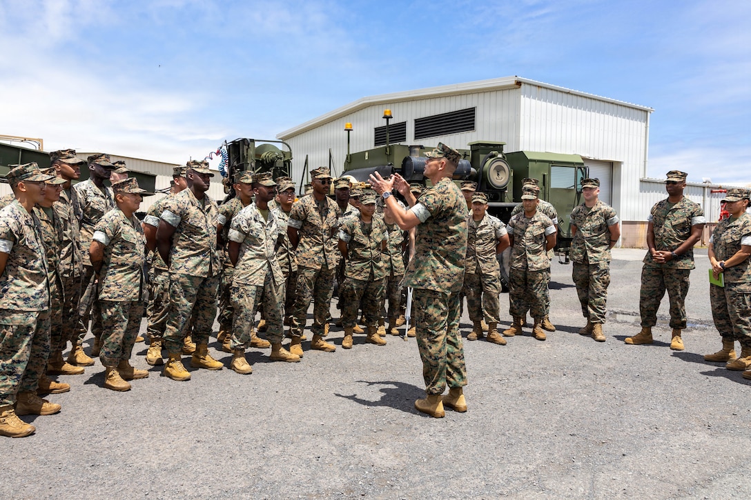 U.S. Marine Corps Sgt. Maj. Carlos A. Ruiz, the sergeant major of the Marine Corps, speaks to Marines with Combat Logistics Company 33, Combat Logistics Regiment 35, 3rd Marine Logistics Group during a coin recognition ceremony at Marine Corps Base Hawaii, Aug. 10, 2026. Ruiz engaged with service members and leaders across Marine Corps Base Hawaii to recognize their contributions, highlight innovation and readiness, and reinforce U.S. Marine Corps Forces, Pacific’s commitment to maintaining a capable, forward-postured force throughout the Indo-Pacific region. (U.S. Marine Corps photo by Staff Sgt. Lesley Cisneros)