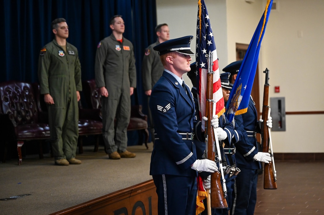 The 56th Force Support Squadron Luke Air Force Base Honor Guard post the colors during the 56th Operations Support Squadron change of command ceremony at Luke Air Force Base, Arizona, Aug. 14, 2026.