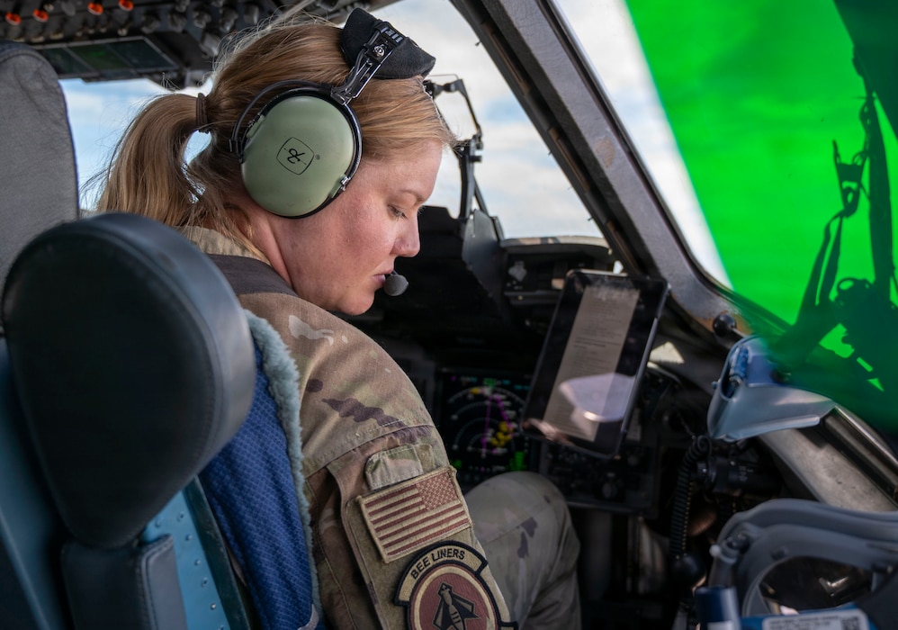 A side view of the pilot looking down