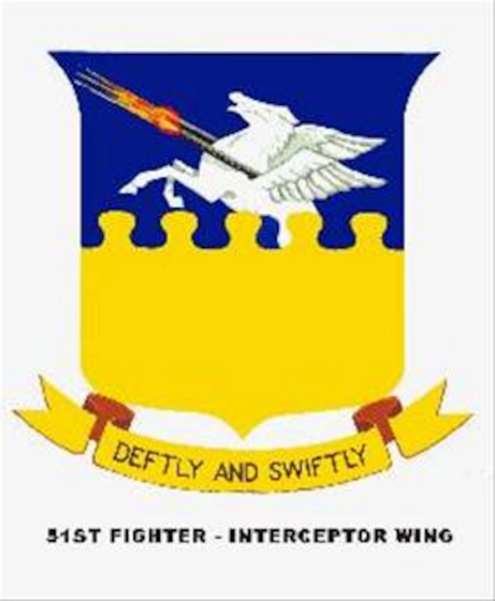 The emblem features a winged Pegasus firing machine guns in flight, symbolizing swift and decisive airpower.