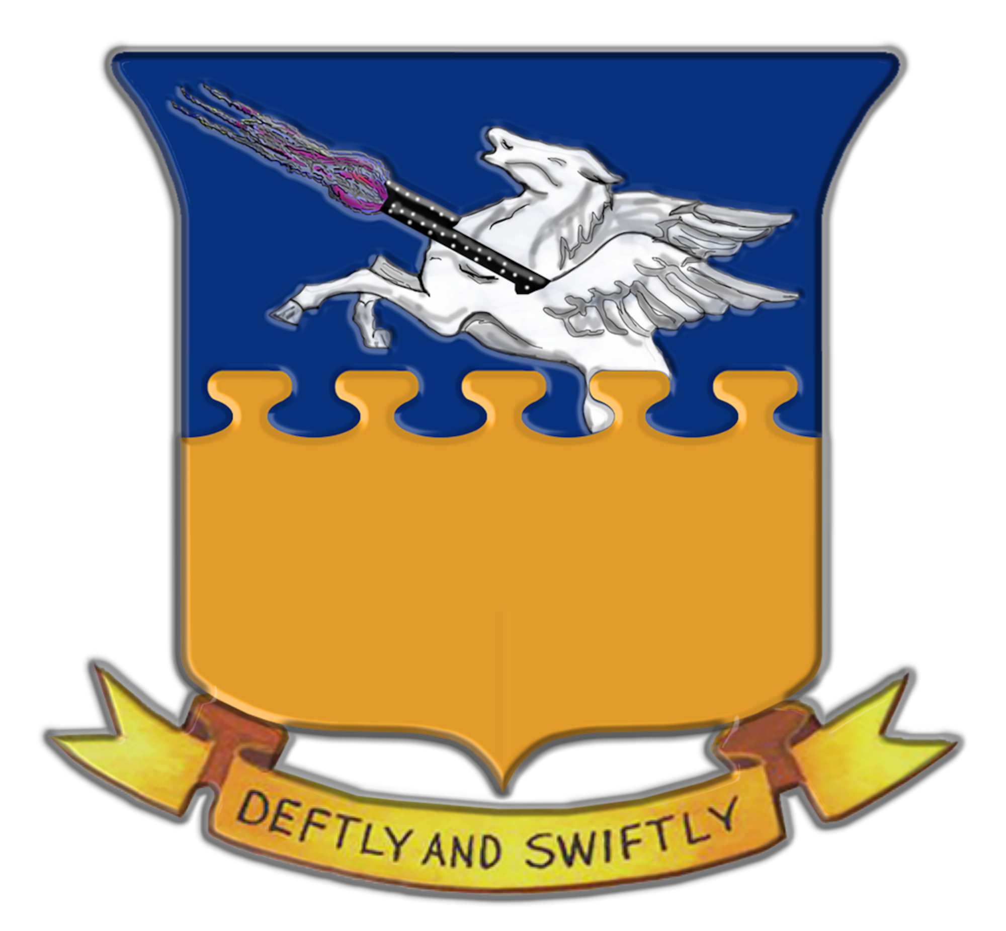A military patch emblem showcasing a Pegasus with a Gatlin gun sitting above yellow/orange clouds and a blue background. There's a ribbon reading "DEFTLY AND SWIFTLY" at the bottom.