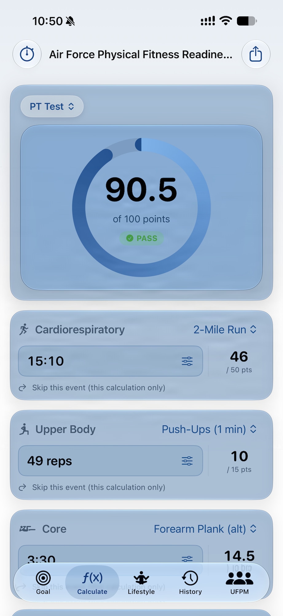 A screenshot shows the "Air Force Physical Fitness Readiness" scoring feature within the Military Fitness Score app, displaying a sample score breakdown across cardiorespiratory, upper body and core fitness events  at Yokota Air Base, Japan, Aug. 11, 2026.
