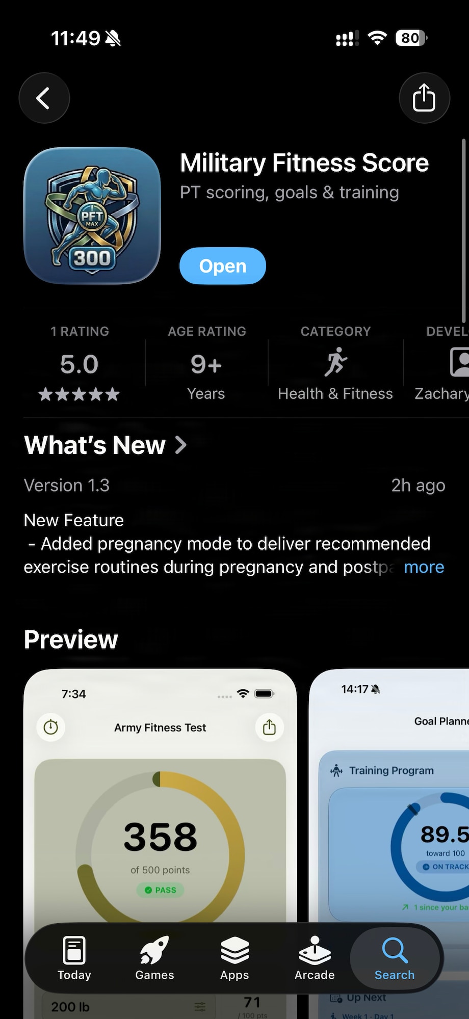 A screenshot shows the Apple App Store listing for "Military Fitness Score," a fitness app developed by U.S. Air Force Capt. Zachary Hicks. The app provides personal training scores, goal setting and workout guidance for service members preparing for physical fitness tests at Yokota Air Base, Japan, Aug. 11, 2026.