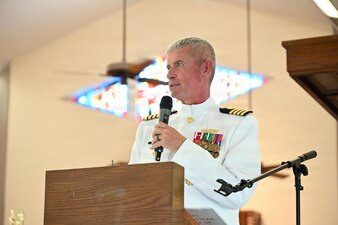 Capt. Craig Malloy, outgoing Naval Hospital (NH) Jacksonville director and Navy Medicine Readiness and Training Command Jacksonville commander, addresses staff, family, friends and guests during the change of command ceremony, Aug. 13. This time-honored Navy tradition saw Malloy turn over leadership of NH Jacksonville — comprised of the Navy’s third largest hospital and five branch health clinics across Florida and Georgia — to Capt. Cindi Palacios. (U.S. Navy photo by Julie M. Lucas, Naval Hospital Jacksonville Public Affairs/released)