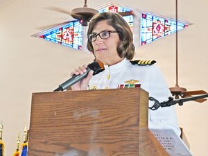Capt. Cindi Palacios, incoming Naval Hospital (NH) Jacksonville director and Navy Medicine Readiness and Training Command Jacksonville commander, addresses staff, family, friends and guests during the change of command ceremony, Aug. 13. This time-honored Navy tradition saw Capt. Craig Malloy turn over leadership of NH Jacksonville, comprised of the Navy’s third largest hospital and five branch health clinics across Florida and Georgia. (U.S. Navy photo by Julie M. Lucas, Naval Hospital Jacksonville Public Affairs/released)