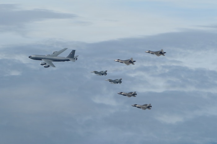 U.S. Air Force F-35A Lightning IIs, F-16 Fighting Falcons, F-22A Raptors and a KC-135 Stratotanker conduct sorties over the Joint Pacific Alaska Range Complex near Eielson Air Force Base, Alaska, Aug. 13, 2026.  This flight gave Gen. Gregory Guillot, , commander of the North American Aerospace Defense Command (NORAD) and U.S. Northern Command (USNORTHCOM), and Danish Gen. Michael Hylegaard, Chief of Defense, a firsthand look at Alaska's unique training environment, preparing U.S. and allied forces to operate in extreme cold-weather conditions while advancing security and cooperation in the Arctic. (Courtesy Photo)