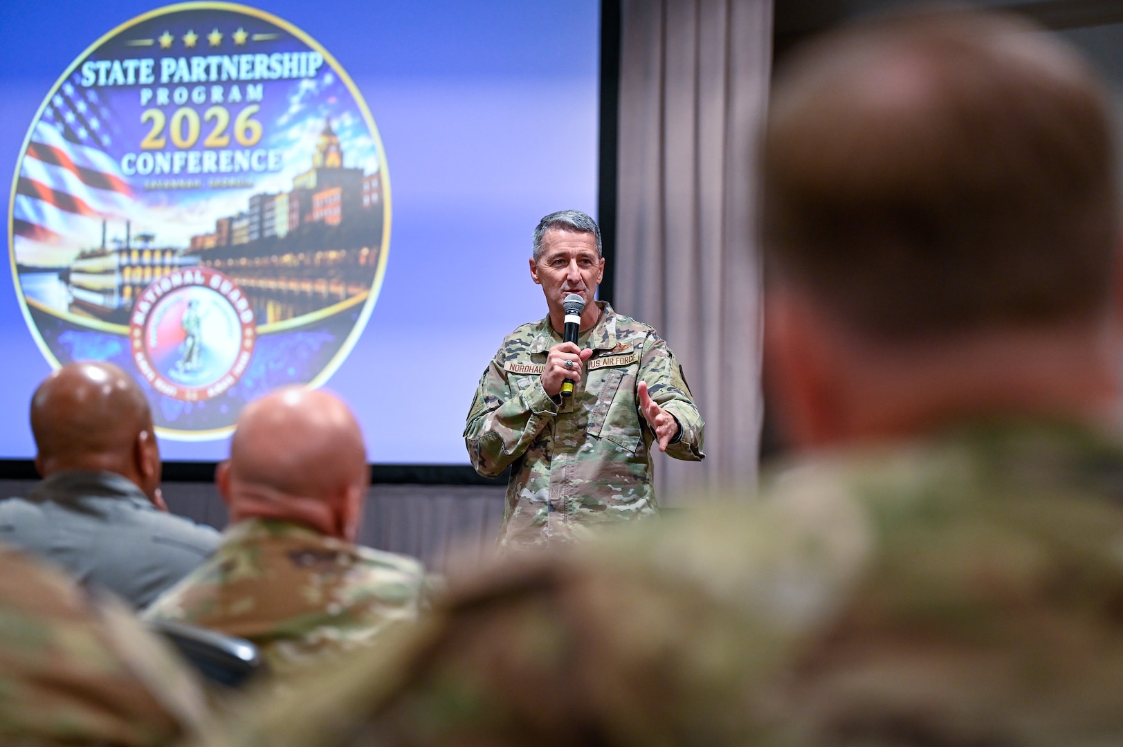 Air Force Lt. Gen. Steven S. Nordhaus, 30th Chief of the National Guard Bureau, speaks at the 2026 State Partnership Program Conference in Atlanta, Georgia, in August.
