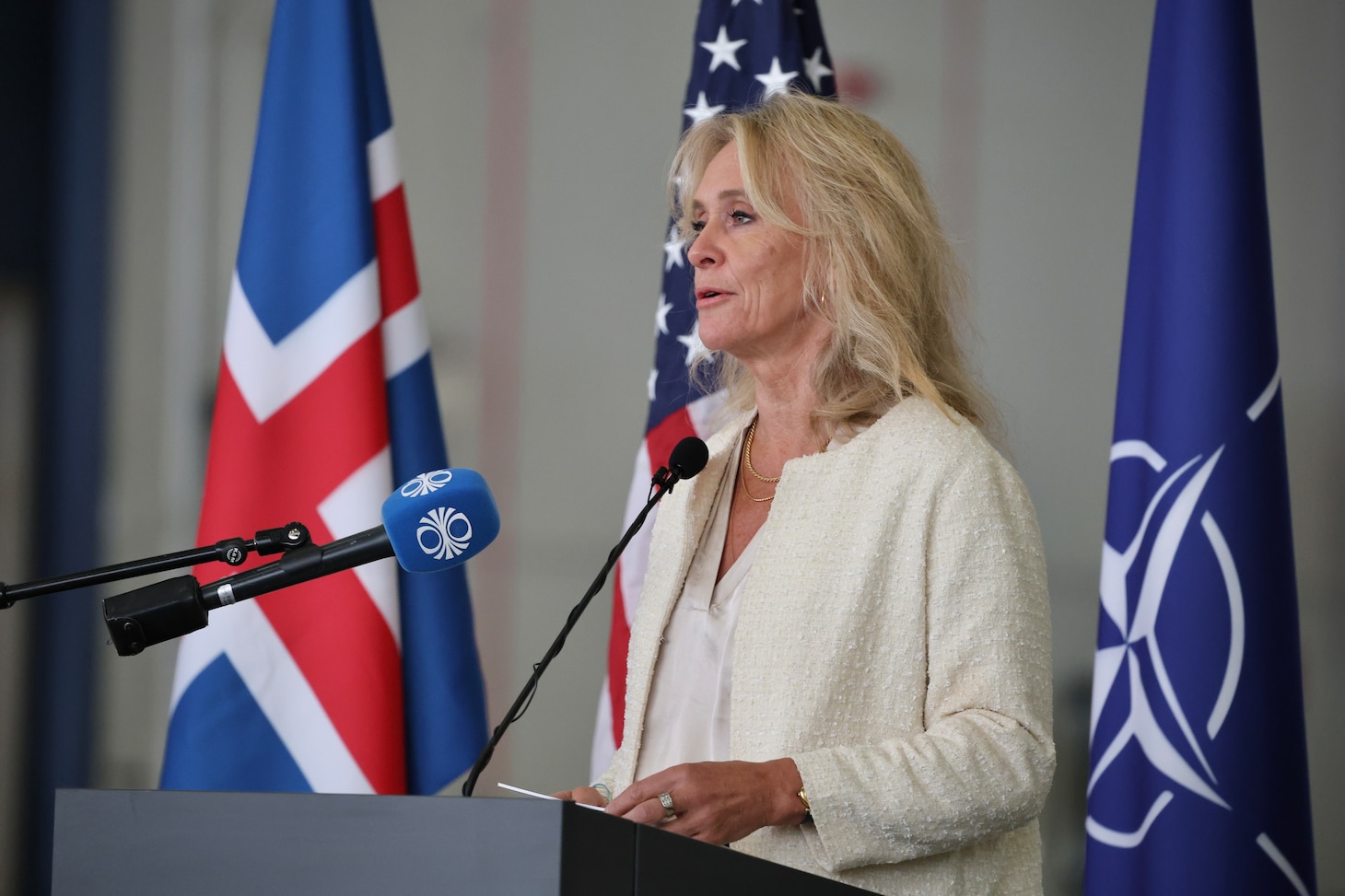 Þorgerður Katrín Gunnarsdóttir, Minister for Foreign Affairs of Iceland, delivers remarks during the opening ceremony of exercise Northern Viking 26 (NV26) at Keflavik Air Base, Iceland, Aug. 18, 2026.
