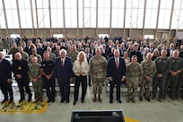 Þorgerður Katrín Gunnarsdóttir, Minister for Foreign Affairs of Iceland, center left, U.S. Air Force Gen. Alexus G. Grynkewich, NATO Supreme Allied Commander Europe, commander of U.S European Command, center right, and distinguished guest pose for a group photo during the opening ceremony of exercise Northern Viking 26 (NV26) at Keflavik Air Base, Iceland, Aug. 18, 2026.