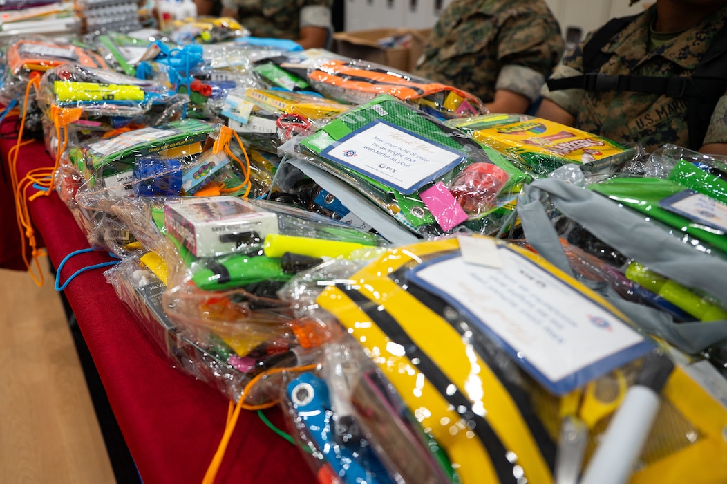 School supplies sit ready for children during the Back to School Brigade, Goodfellow Air Force Base, Texas, Aug. 6, 2026.