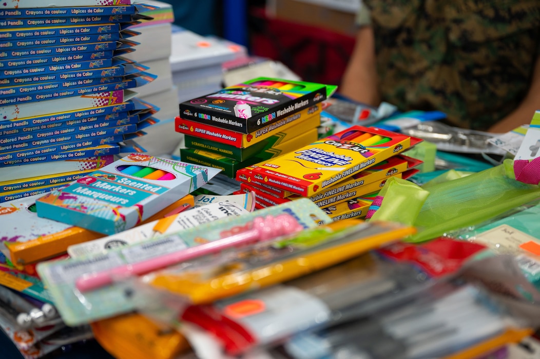 School supplies lie ready for children during the Back to School Brigade at Goodfellow Air Force Base, Texas, Aug. 6, 2026.