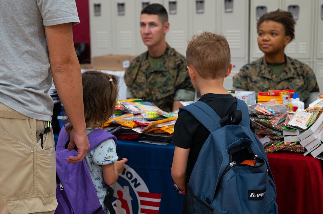 Military families receive free school supplies during the annual Back to School Brigade, Goodfellow Air Force Base, Texas, Aug. 6, 2026.