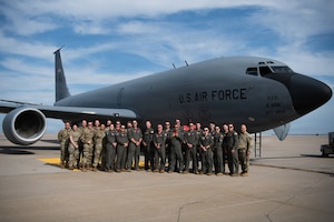 Members of the 350th Air Refueling Squadron and 722nd Aircraft Maintenance Squadron pose for a photo at McConnell Air Force Base, Kansas, August, 14, 2026. The team prepared to wish farewell to a KC-135 Stratotanker as part of the wing’s upcoming conversion entirely to the KC-46A Pegasus. (U.S. Air Force photo by Airman Matthew Nguyen)