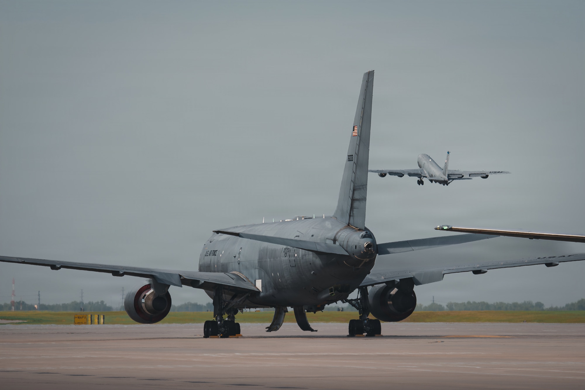 A KC-135 Stratotanker departs over McConnell Air Force Base, Kansas, Aug. 14, 2026. The team prepared to wish farewell to a KC-135 as part of the squadron’s upcoming conversion to the KC-46A Pegasus. (U.S. Air Force photo by Airman Matthew Nguyen)