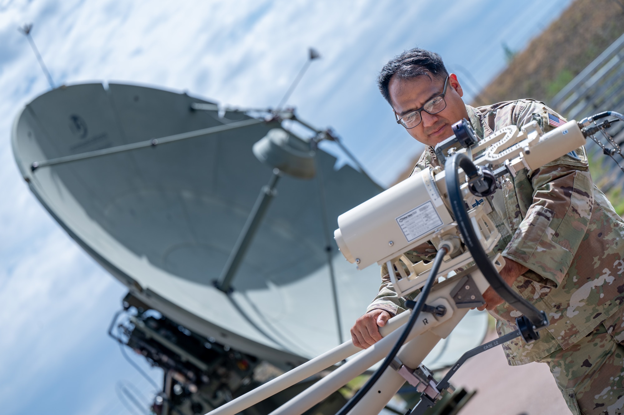Mission Delta 3 Guardians sharpen their tactical edge on the Ground Multi-band Terminal (GMT) and Quad-band Large Aperture Antenna (QLAA) at Peterson Space Force Base, Colorado, July 27, 2026. These highly deployable systems provide the critical, multi-band SATCOM links that power joint operations worldwide. By running live electronic warfare scenarios on the GMT and QLAA, Guardians train to detect, identify, and defeat simulated adversary jamming in real-time. This realistic, contested-environment training ensures operators are combat-ready, without disrupting real-world communications. (U.S. Space Force photo by Dave Grim)