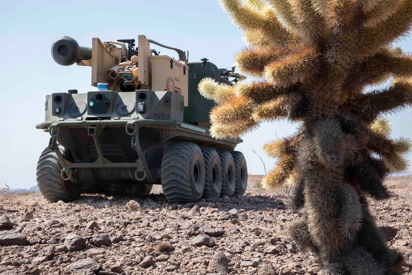 The autonomous system, Origin, prepares for a practice run during the Project Convergence capstone event at Yuma Proving Ground, Arizona, Aug. 11–Sept. 18, 2020. Project Convergence is the Army’s campaign of learning to aggressively advance solutions in the areas of people, weapons systems, command and control, information, and terrain; and integrate the Army’s contributions to Joint All Domain Operations.