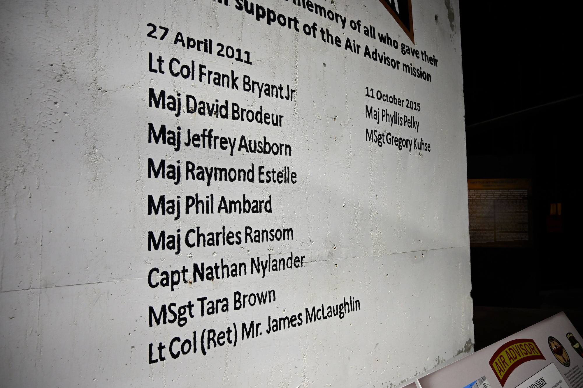 This wall memorializes eleven US personnel who died in Afghanistan helping to build an Afghan Air Force.