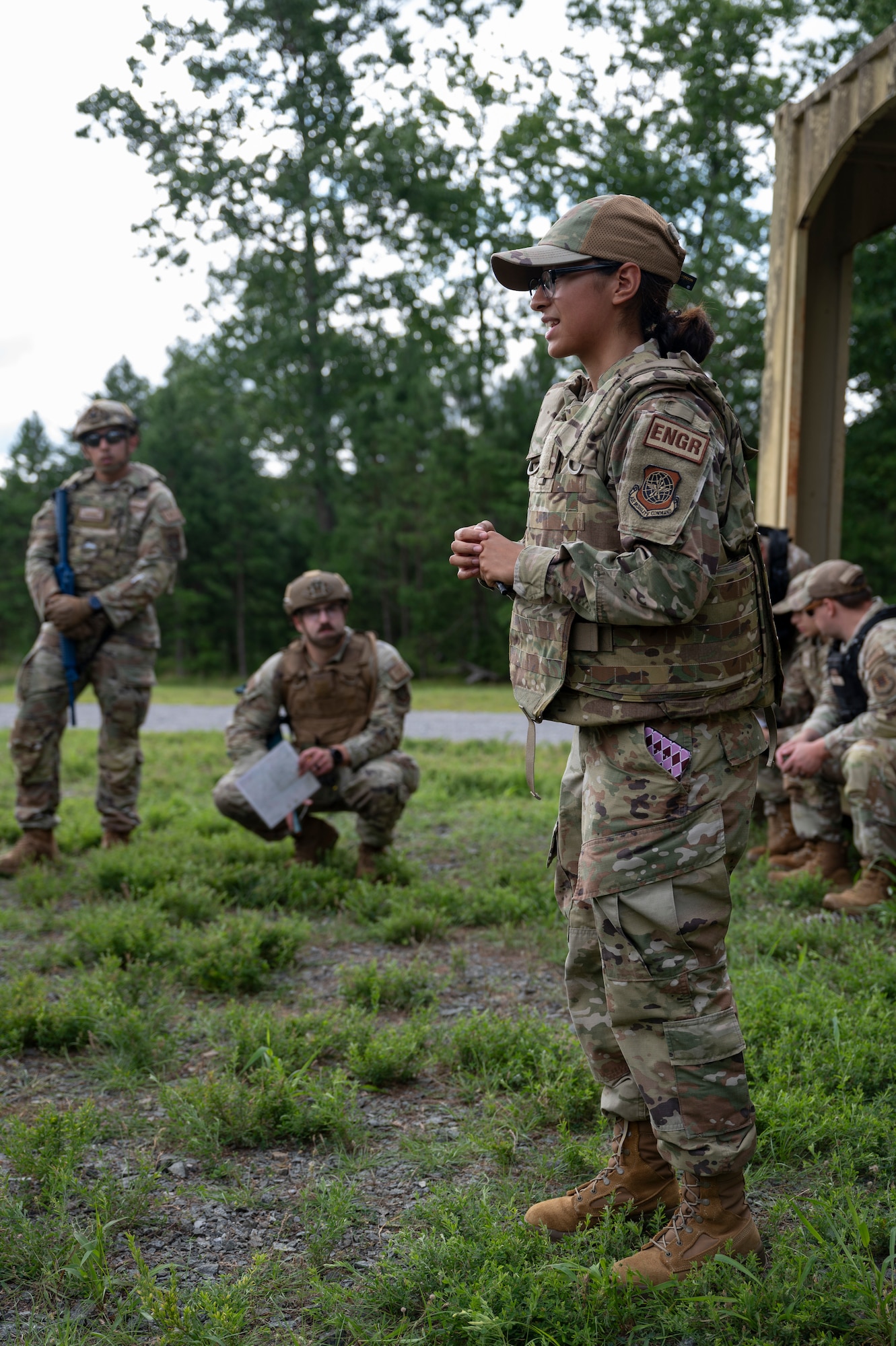 U.S. Air Force Airman 1st Class Paola Herrera, 787th Civil Engineer Squadron engineer apprentice, instructs trainees during Prime Base Engineer Emergency Force Day at Joint Base McGuire-Dix-Lakehurst, N.J., July 30, 2026.