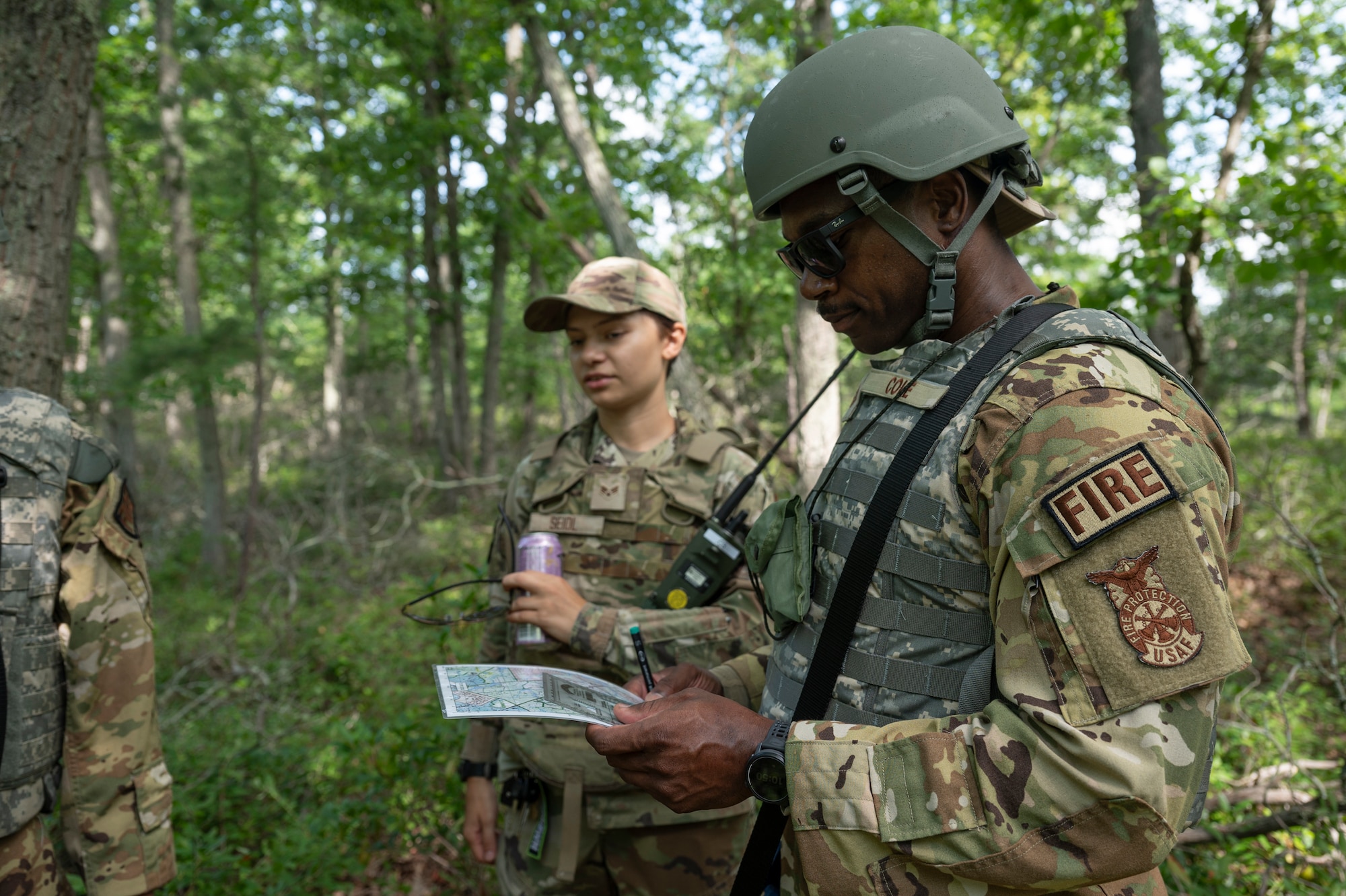 U.S. Air Force Tech. Sgt. Antwon Cole, 87th Civil Engineer Squadron battalion chief, reads a map during Prime Base Engineer Emergency Force Day at Joint Base McGuire-Dix-Lakehurst, N.J., July 30, 2026.