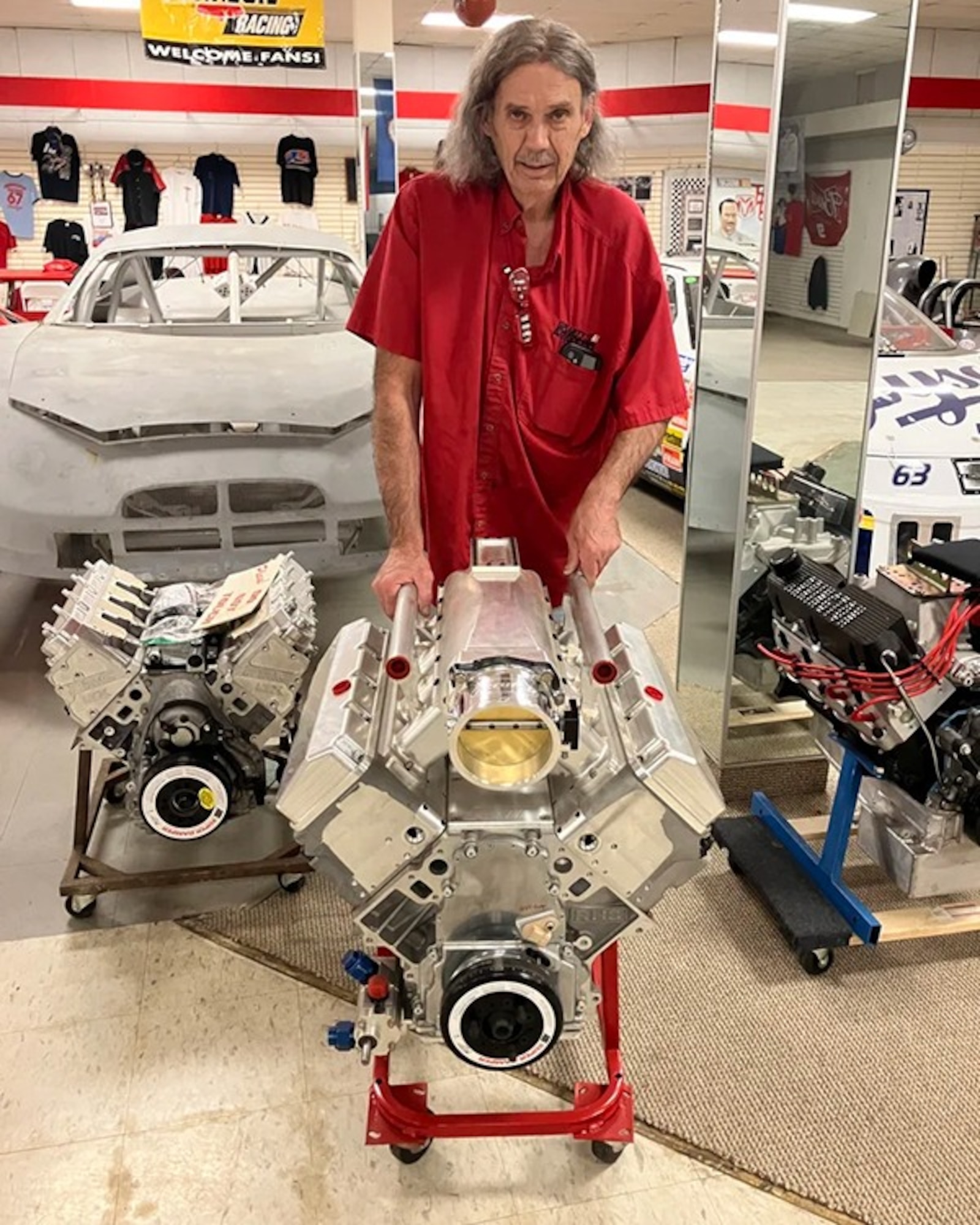 Joey Arrington, who built the VA250 stock car to commemorate America’s 250th anniversary, is pictured with an engine at his Virginia engine fabrication facility. The car will be on display at the Gossick Leadership Center at Arnold Air Force Base, Tenn., Sept. 10 from 3-7 p.m. The car will also be on display at the Hands-On Science Center in Tullahoma, Tenn., Sept. 11 from 1-6 p.m. Earlier this year, the VA250 stock car achieved a speed of 253 miles per hour, setting the stock car land speed record. (Courtesy photo)