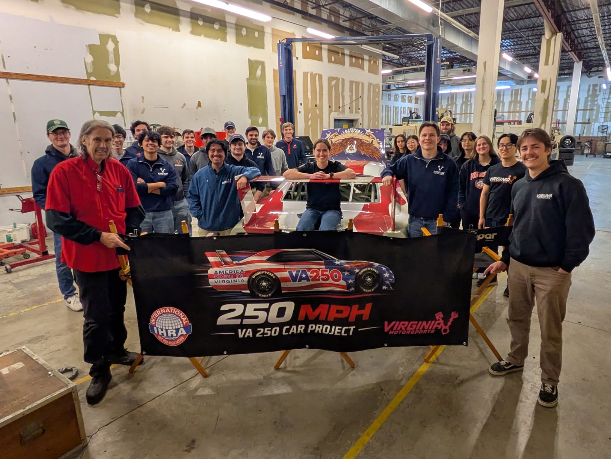 Joey Arrington, builder of the VA250 stock car, left, is pictured with students from Virginia Motorsports, an undergraduate-led engineering group at the University of Virginia who design, build and race formula-style racecars. The students were involved in data analysis and discussions to support development of the VA250 stock car. The car will be on display at the Gossick Leadership Center at Arnold Air Force Base, Tenn., Sept. 10 from 3-7 p.m. The car will also be on display at the Hands-On Science Center in Tullahoma, Tenn., Sept. 11 from 1-6 p.m. Earlier this year, the VA250 stock car achieved a speed of 253 miles per hour, setting the stock car land speed record. (Courtesy photo)