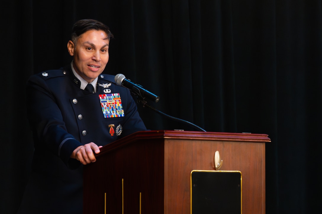 1147- U.S. Space Force Lt. Col. Jason Cano, the new commander of the of the 320th Recruiting Squadron, thanks all attendees for attending the activation of command ceremony at the Parr Club, Joint Base San Antonio-Randolph, Texas, Aug. 14, 2026. As the new commander, Cano is now responsible for the home of the Guardian Talent Scout (Recruiter) program.