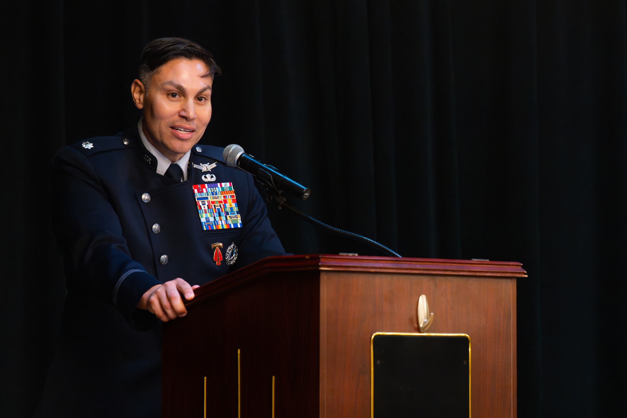 1147- U.S. Space Force Lt. Col. Jason Cano, the new commander of the of the 320th Recruiting Squadron, thanks all attendees for attending the activation of command ceremony at the Parr Club, Joint Base San Antonio-Randolph, Texas, Aug. 14, 2026. As the new commander, Cano is now responsible for the home of the Guardian Talent Scout (Recruiter) program.