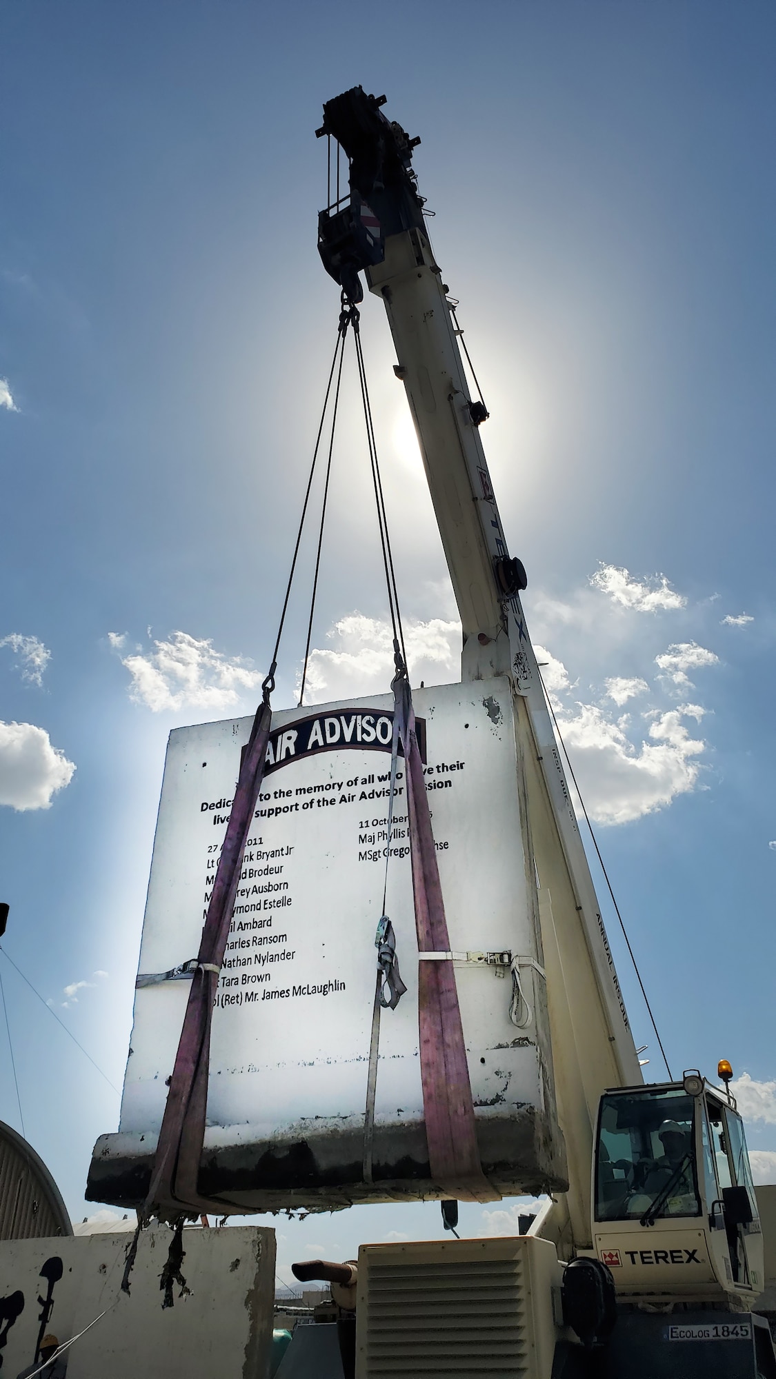Air Advisor memorial wall being prepared for shipment to the Museum in 2021 by USAF Civil Engineers at Kabul International Airport.
