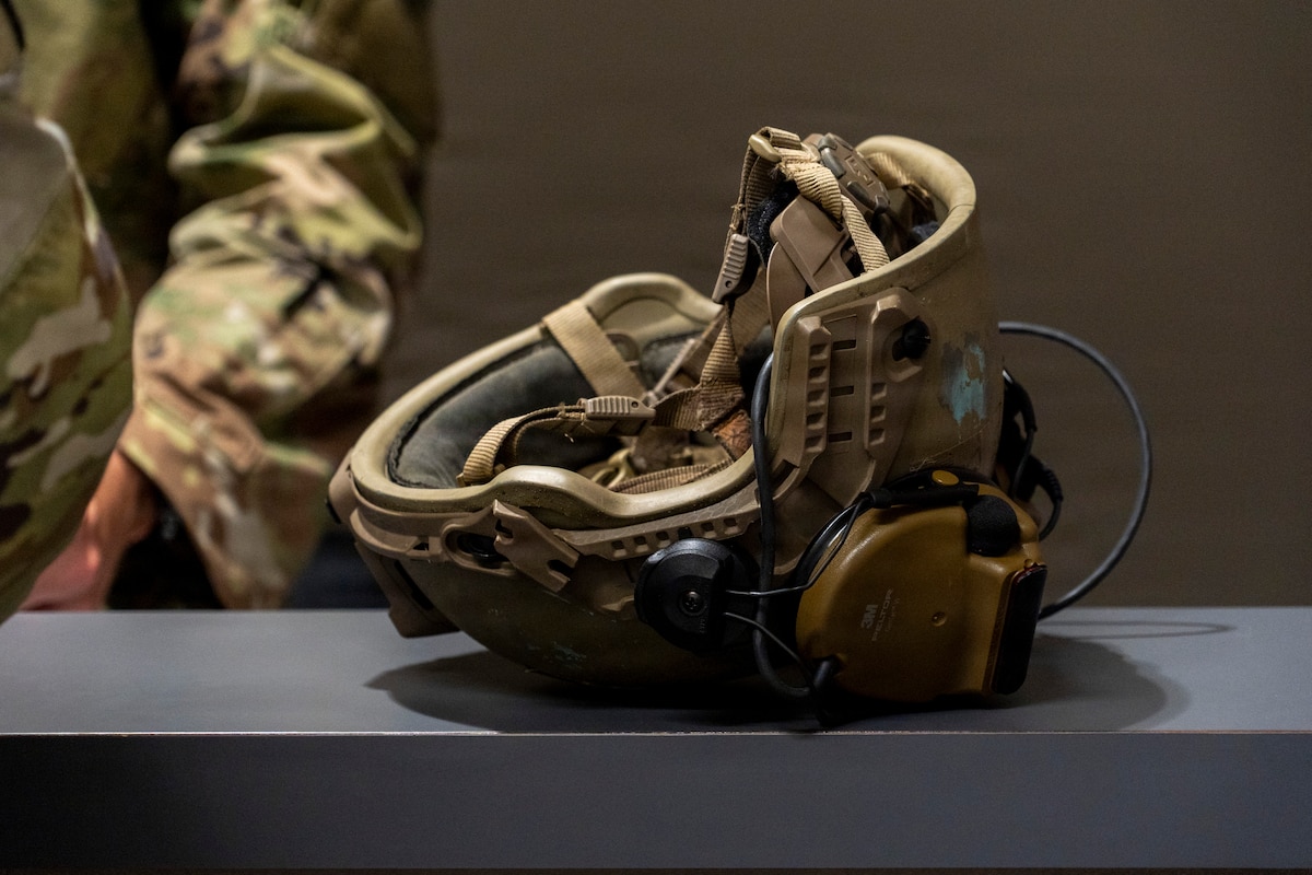 A helmet sits on a table